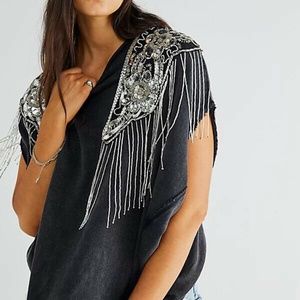 Free People Ready to Shine Fringed Beaded Tee